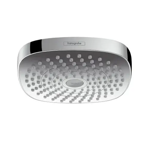 Kopfbrause mit flacher, quadratischer Form und mehreren Wasserstrahldüsen in Chromoptik von Hansgrohe. Design mit zentralem Steuerknopf zur Wahl der Strahlarten.
